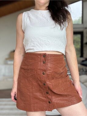 Free People Come A Little Closer Faux Leather Toffee Brown Snap-Front Mini Skirt